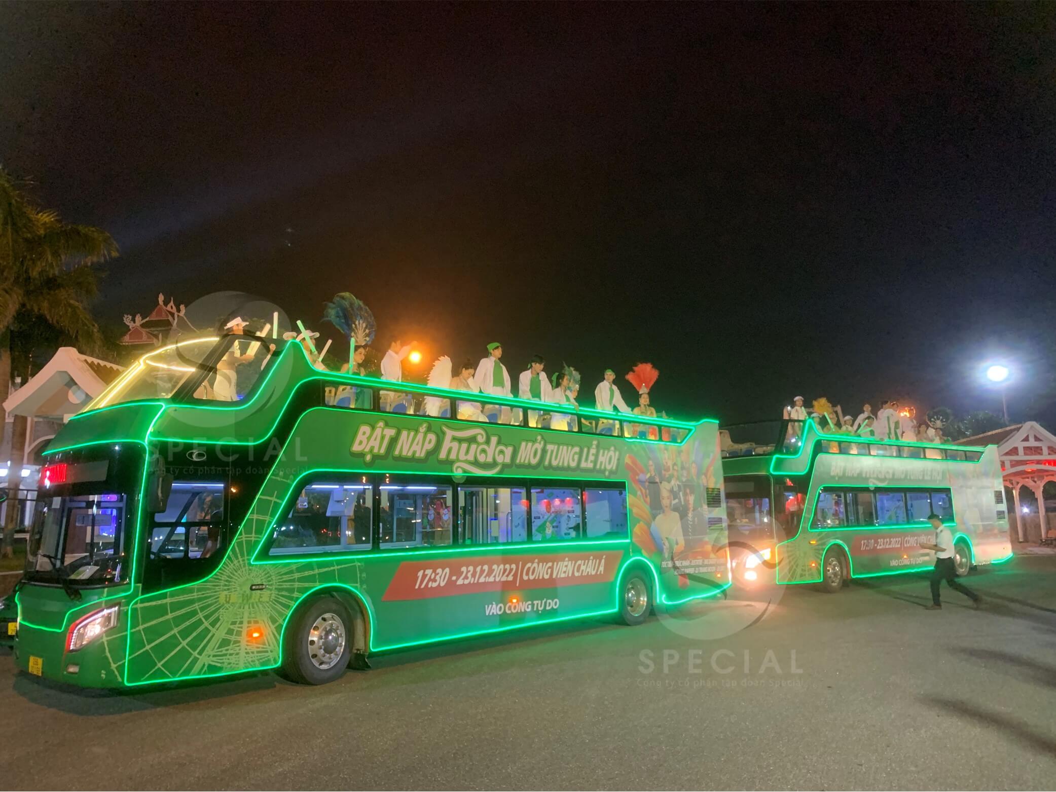 bia huda quảng cáo roadshow xe bus 2 tầng